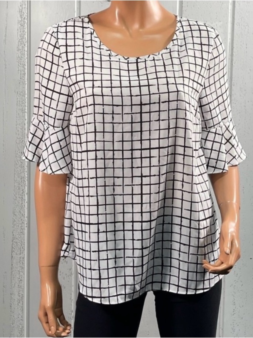 Elle White Grid Ruffle Sleeve Blouse